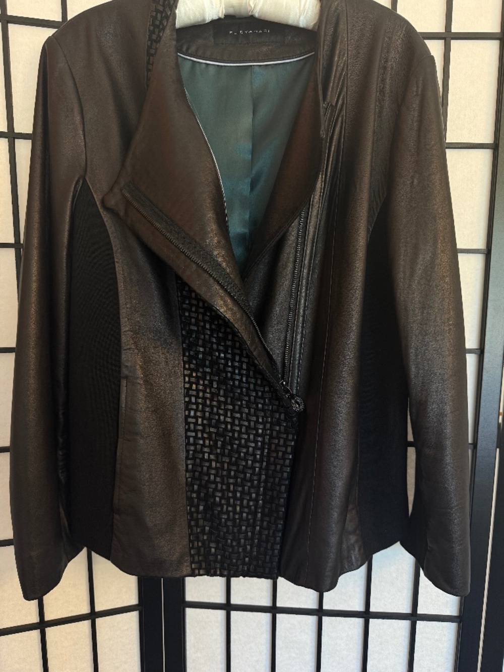 Elie Tahari Leather Jacket with Asymmetrical Zipper and Leather Weave